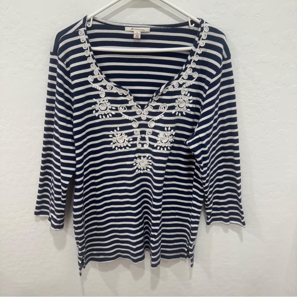 JM Collection Shirt Womens XL Navy White Striped Embroidered Coastal Preppy